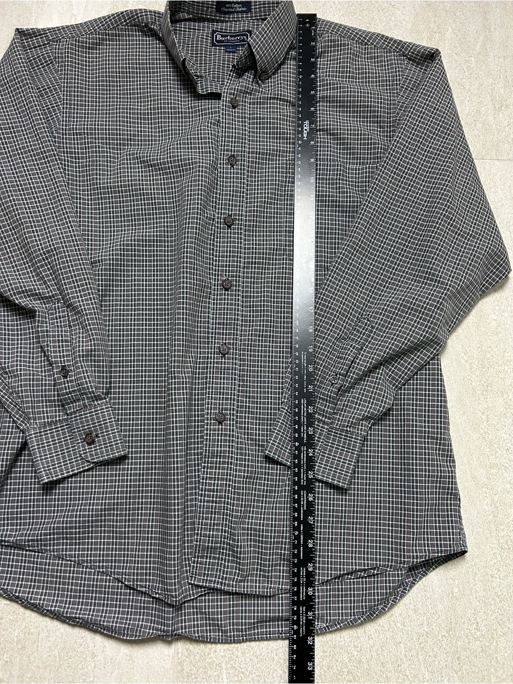 VINTAGE BURBERRY DARK GREY PLAID BUTTON DOWN SHIRT MENS LARGE EXCELLENT COND - Picture 7 of 11